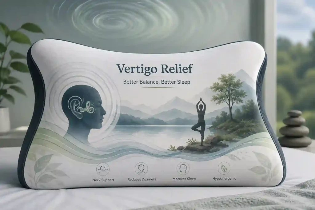 Best Pillow for Vertigo: Contoured memory foam pillow designed for vertigo relief, displayed in a calming bedroom setting. The pillow features wellness-themed artwork, including a peaceful lake, mountains, a person practicing yoga, and an illustration of the inner ear to represent balance and dizziness management. Soft wave patterns and nature-inspired graphics emphasize relaxation, neck support, improved sleep quality, and reduced vertigo symptoms. A subtle swirling background symbolizes dizziness while maintaining a serene, therapeutic atmosphere.