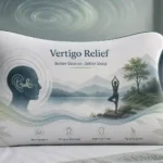 Best Pillow for Vertigo: Contoured memory foam pillow designed for vertigo relief, displayed in a calming bedroom setting. The pillow features wellness-themed artwork, including a peaceful lake, mountains, a person practicing yoga, and an illustration of the inner ear to represent balance and dizziness management. Soft wave patterns and nature-inspired graphics emphasize relaxation, neck support, improved sleep quality, and reduced vertigo symptoms. A subtle swirling background symbolizes dizziness while maintaining a serene, therapeutic atmosphere.
