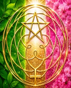 Venus Pentagram Wall Art – Green, Pink, Gold & White Spiritual Decor. Bring beauty, balance, and sacred symbolism into your space with this vibrant Venus Pentagram wall art