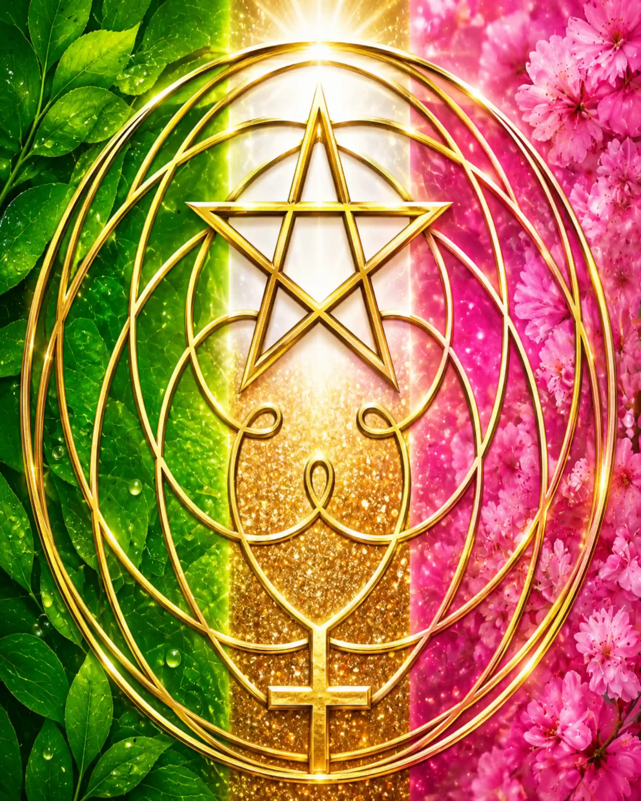 Venus Pentagram Wall Art – Green, Pink, Gold & White Spiritual Decor. Bring beauty, balance, and sacred symbolism into your space with this vibrant Venus Pentagram wall art